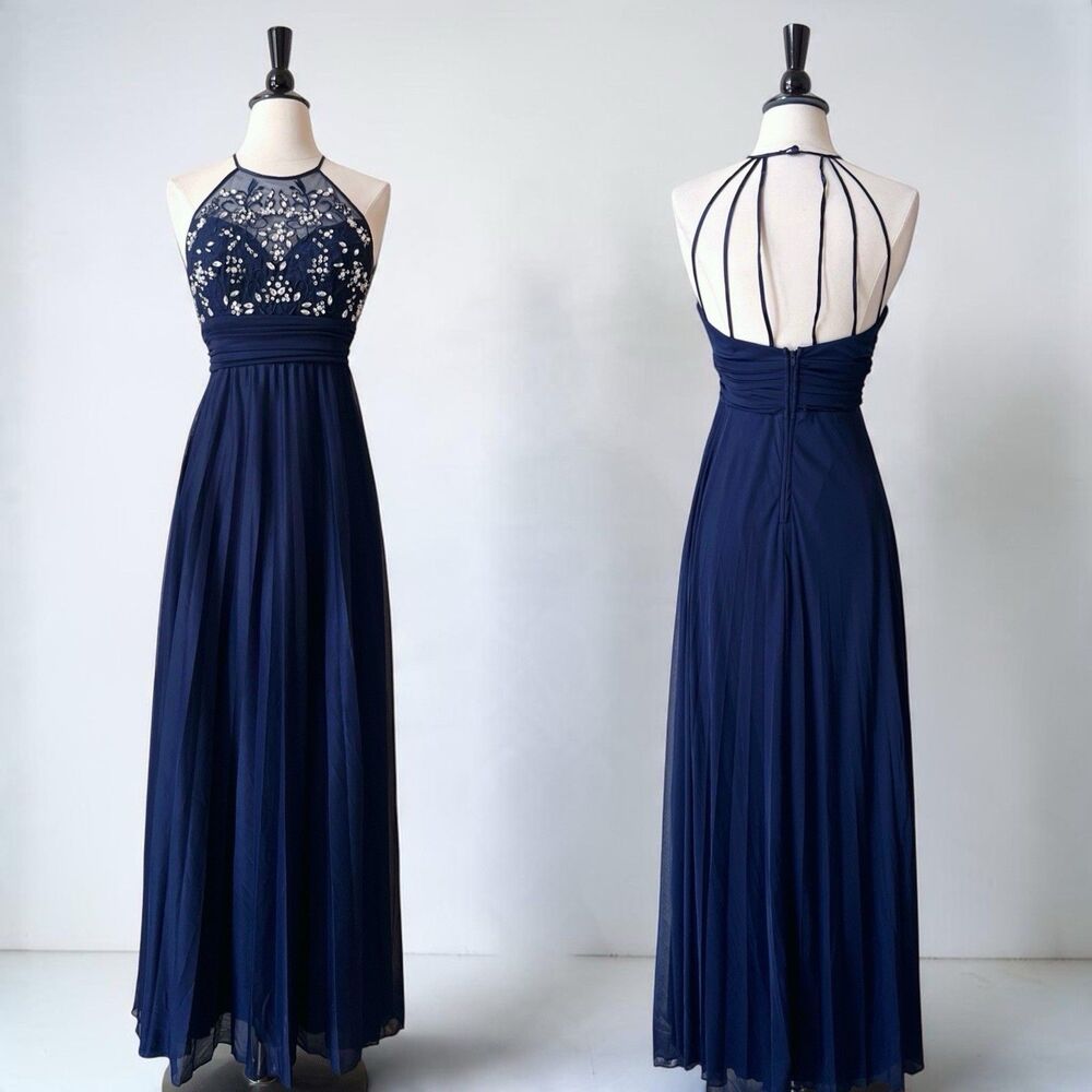 Vintage Y2K B. Darlin Halter Maxi Gown 5/6 Lattice Open Back Beaded Prom Dress